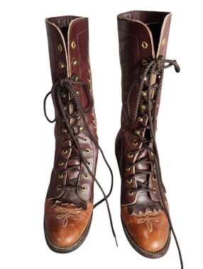 Vintage Rare Tony Lama Brown Leather Embroidered Lace Up Boots Sz 10